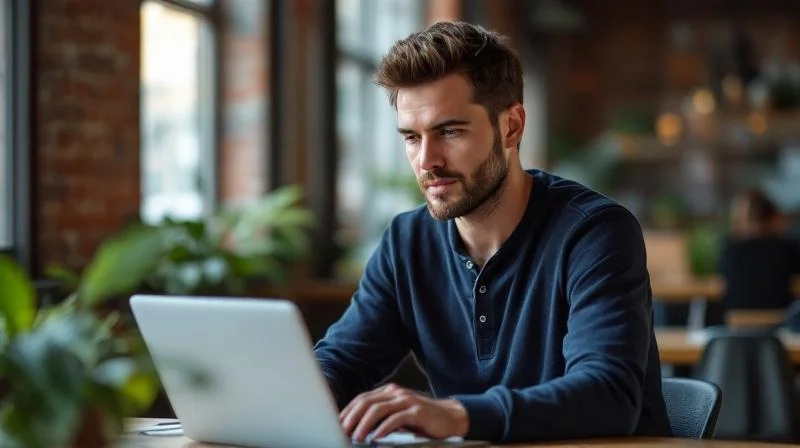 Mann arbeitet konzentriert am Laptop in einem modernen Büro in Leipzig